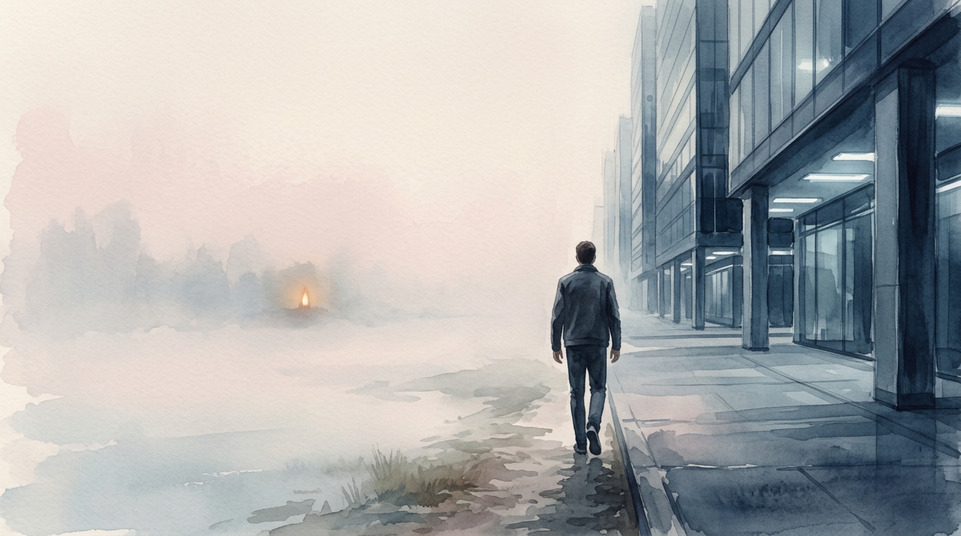 A figure walking away from a cold corporate grid into pale dawn mist.