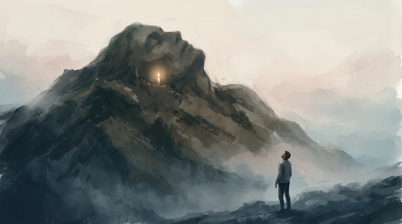 A small figure at the foot of a vast ancient mountain, looking up.