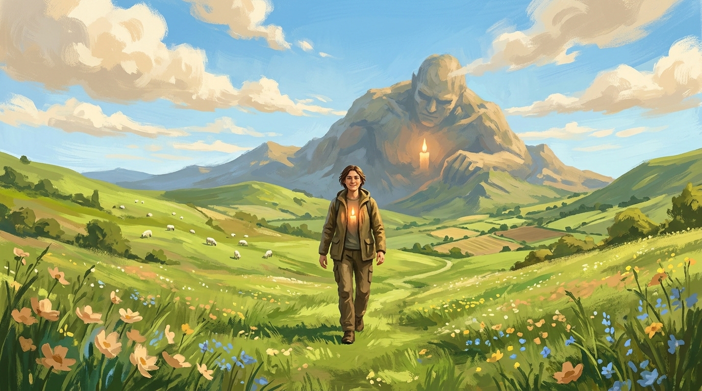 A figure walking forward in a bright green pastoral landscape, heart aflame.