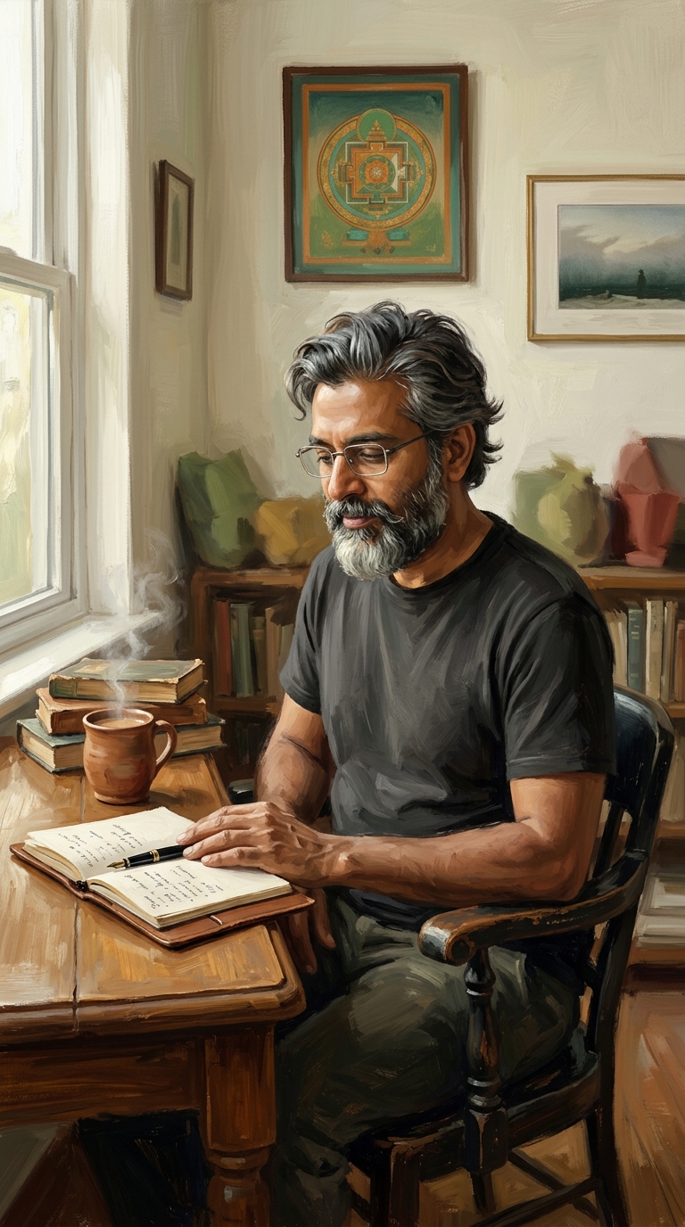 Painterly portrait of the author at a writing desk.